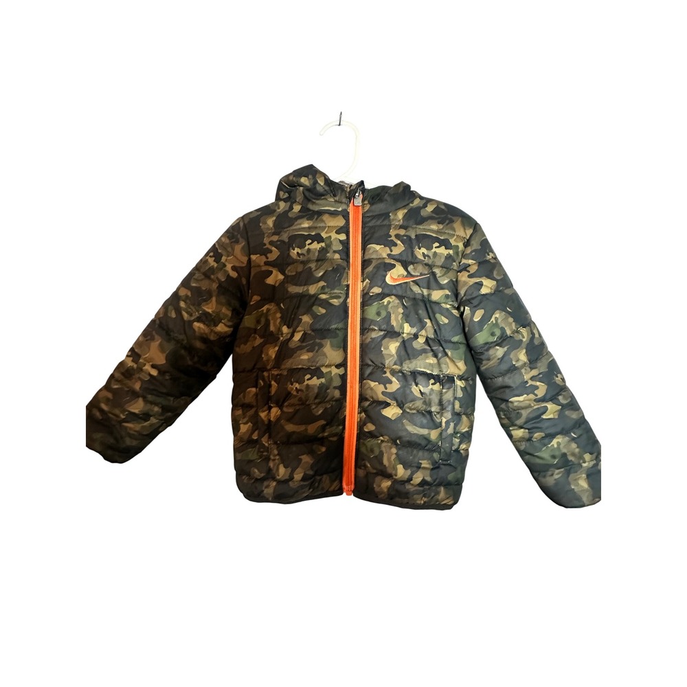 Nike Kids Camo Puffer Jacket Orange Zip Hooded Fleece Lined 24M warm winter